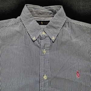 Ralph Lauren Seersucker Blue White Striped Short Sleeve Shirt Men's Size Large